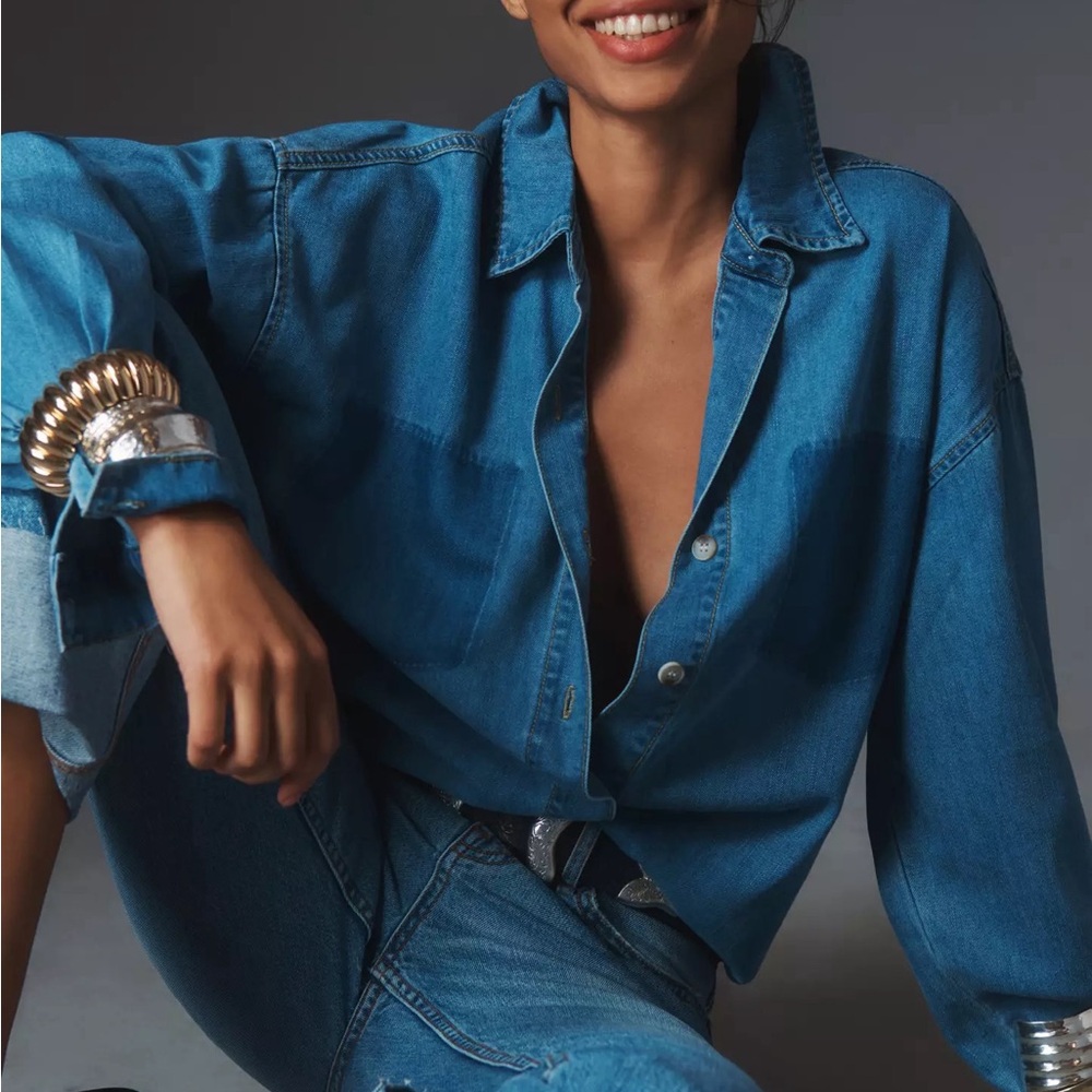 Anthropology Long-Sleeve Burnout Pocket Denim Shirt
